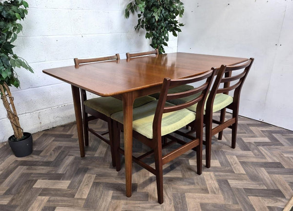Vintage Mid-Century McIntosh Teak Extending Dining Table & 4 Green Chairs