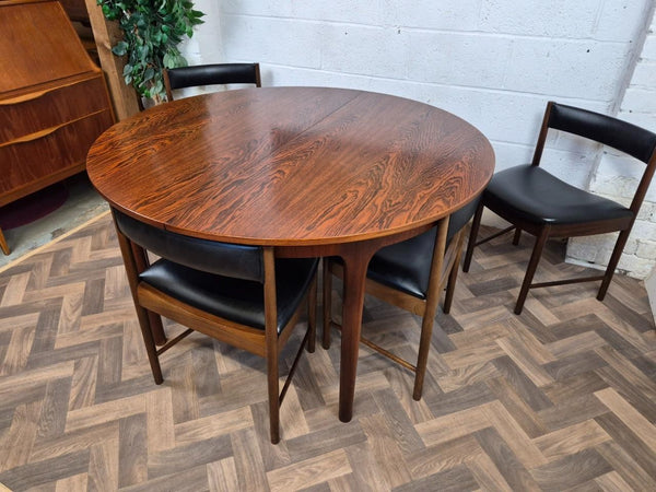 Vintage Mid-Century McIntosh Rosewood Round Dining Table & 6 Black Vinyl Chairs