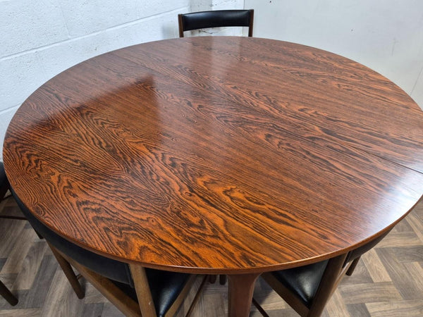 Vintage Mid-Century McIntosh Rosewood Round Dining Table & 6 Black Vinyl Chairs