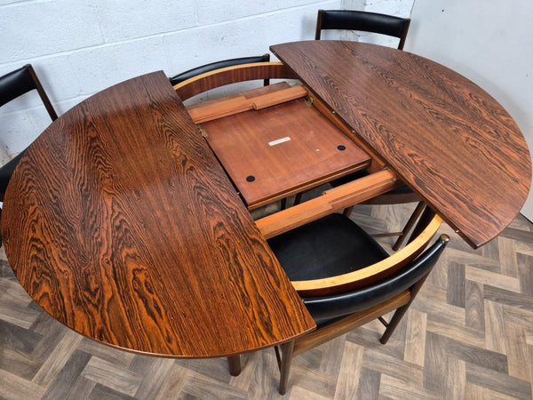 Vintage Mid-Century McIntosh Rosewood Round Dining Table & 6 Black Vinyl Chairs