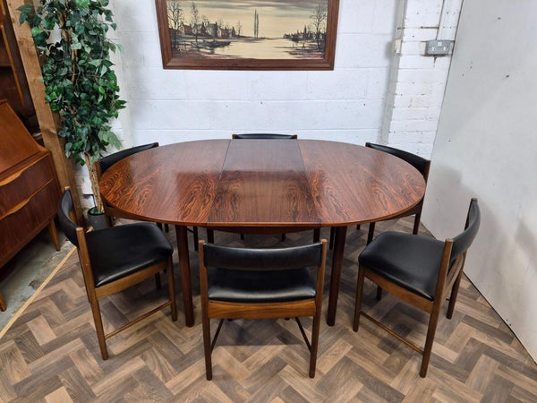 Vintage Mid-Century McIntosh Rosewood Round Dining Table & 6 Black Vinyl Chairs