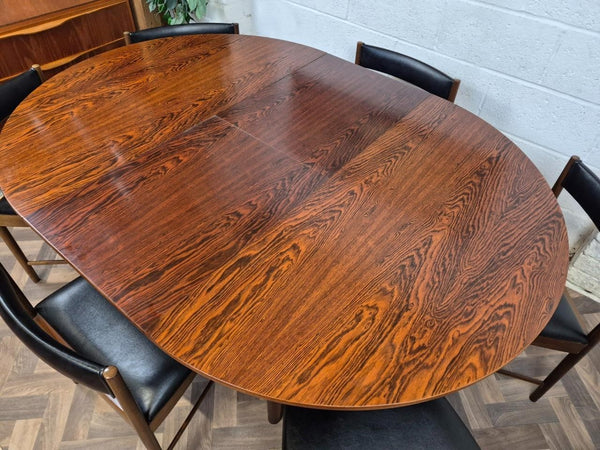Vintage Mid-Century McIntosh Rosewood Round Dining Table & 6 Black Vinyl Chairs