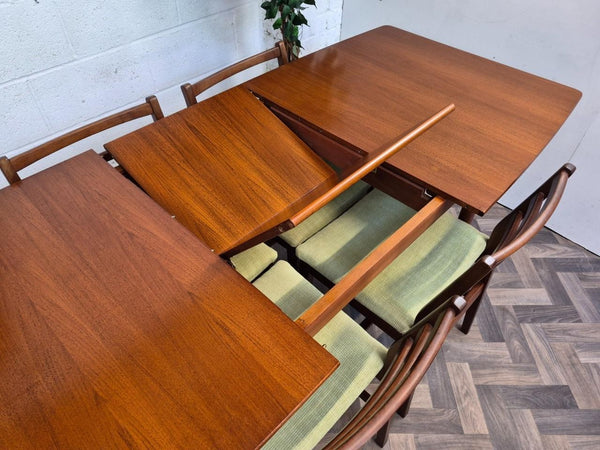 Vintage Mid-Century McIntosh Teak Extending Dining Table & 4 Green Chairs