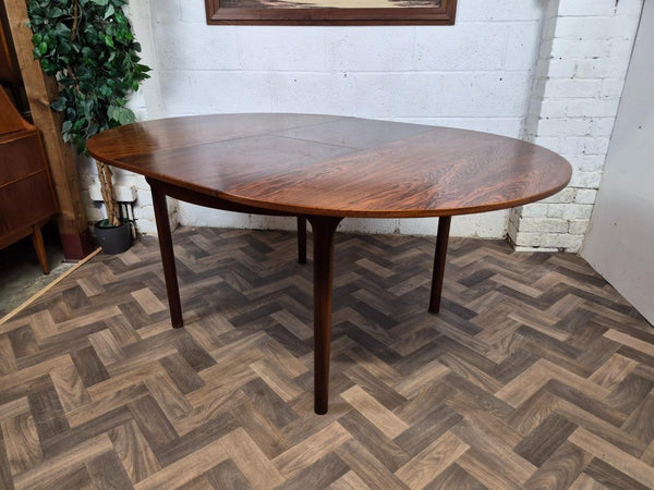 Vintage Mid-Century McIntosh Rosewood Round Dining Table & 6 Black Vinyl Chairs