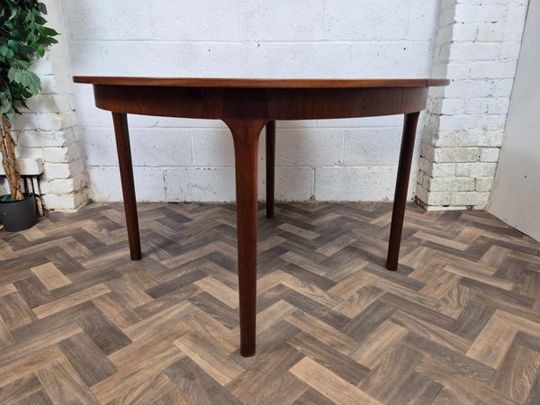 Vintage Mid-Century McIntosh Rosewood Round Dining Table & 6 Black Vinyl Chairs