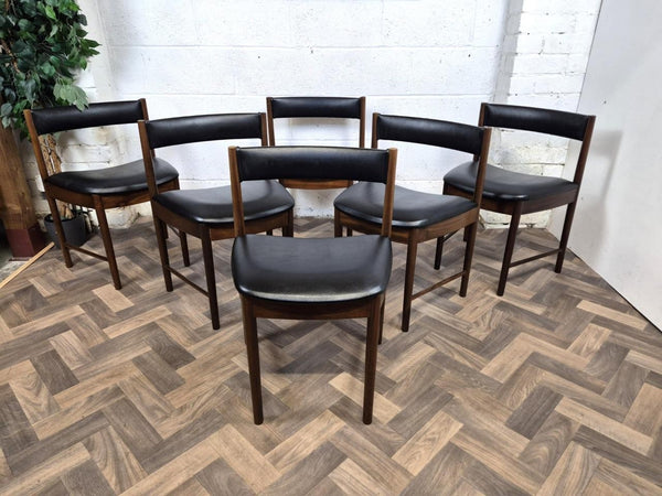 Vintage Mid-Century McIntosh Rosewood Round Dining Table & 6 Black Vinyl Chairs