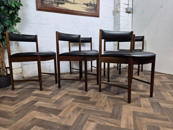 Vintage Mid-Century McIntosh Rosewood Round Dining Table & 6 Black Vinyl Chairs