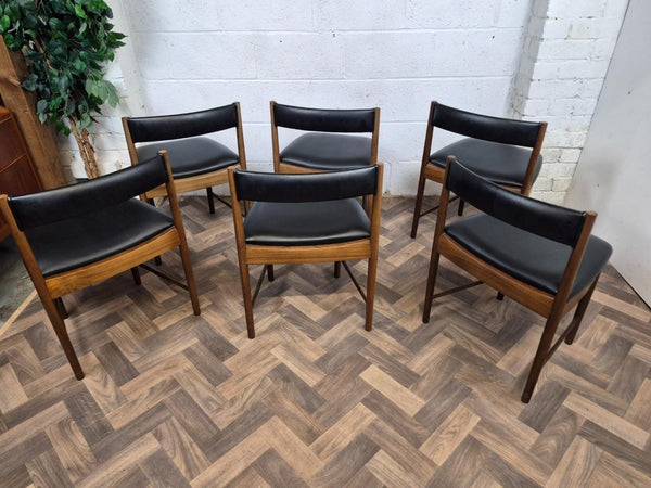 Vintage Mid-Century McIntosh Rosewood Round Dining Table & 6 Black Vinyl Chairs