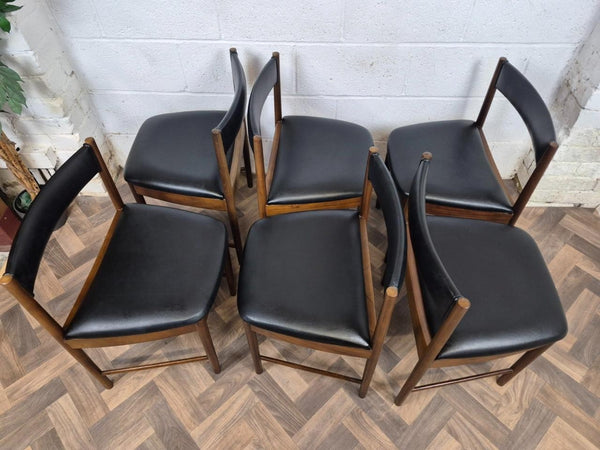 Vintage Mid-Century McIntosh Rosewood Round Dining Table & 6 Black Vinyl Chairs