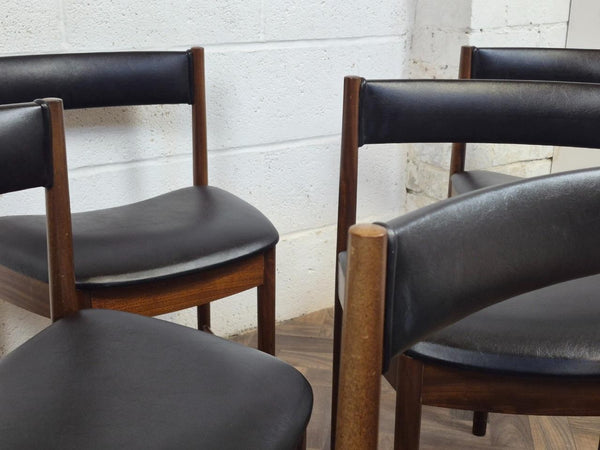 Vintage Mid-Century McIntosh Rosewood Round Dining Table & 6 Black Vinyl Chairs