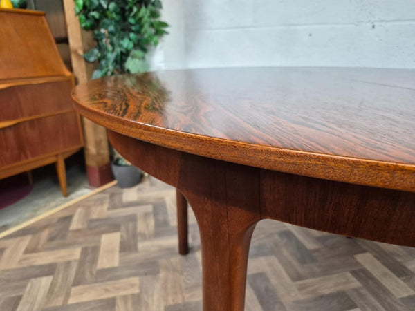 Vintage Mid-Century McIntosh Rosewood Round Dining Table & 6 Black Vinyl Chairs