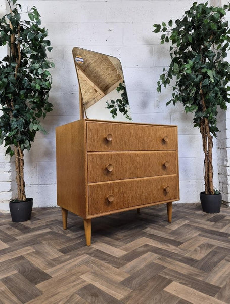 Vintage Mid-Century Meredew Blonde Oak 3 Drawer Dressing Chest & Mirror Retro
