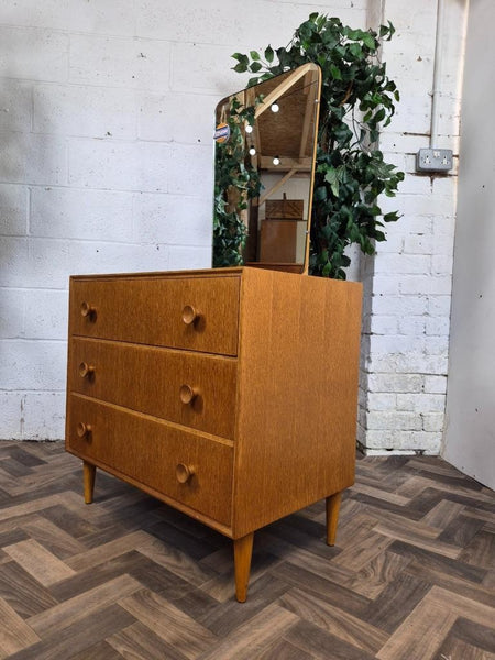 Vintage Mid-Century Meredew Blonde Oak 3 Drawer Dressing Chest & Mirror Retro