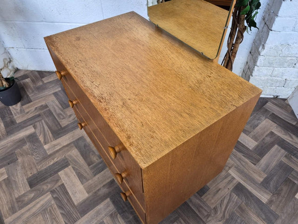 Vintage Mid-Century Meredew Blonde Oak 3 Drawer Dressing Chest & Mirror Retro