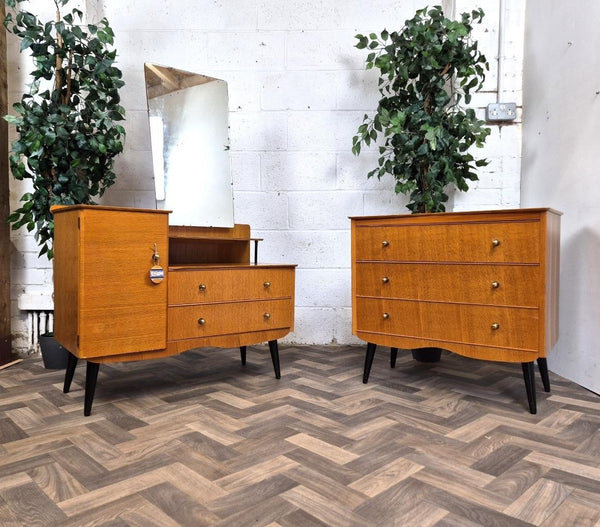 Vintage Mid-Century Bedroom Set Dressing Table & Drawers 60's Blonde Oak Retro