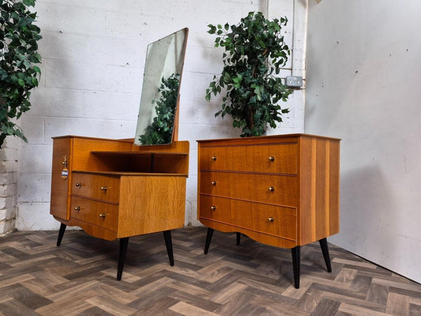 Vintage Mid-Century Bedroom Set Dressing Table & Drawers 60's Blonde Oak Retro