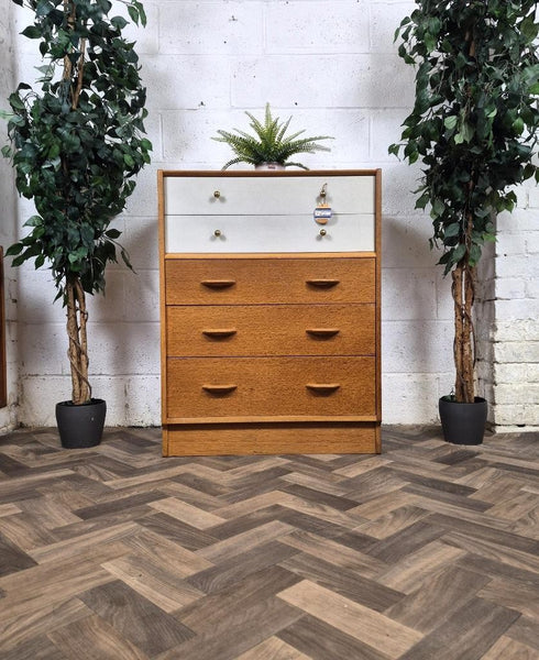 Vintage Mid-Century G Plan Brandon Oak & White Chest 5 Drawers Scandi Retro MCM