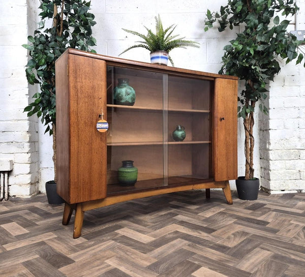 Vintage Mid-Century Nathan Walnut & Glass Slim Bookcase Sideboard Scandi Retro