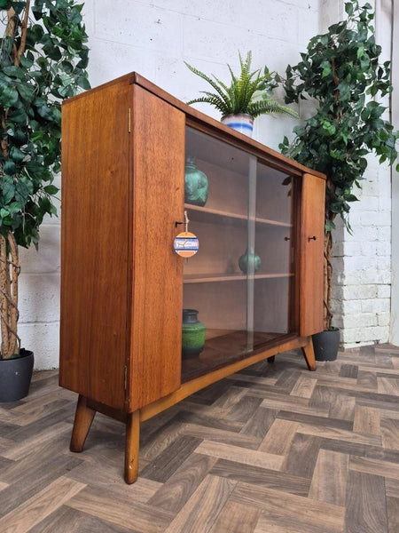 Vintage Mid-Century Nathan Walnut & Glass Slim Bookcase Sideboard Scandi Retro