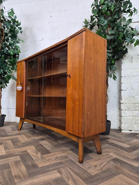 Vintage Mid-Century Nathan Walnut & Glass Slim Bookcase Sideboard Scandi Retro