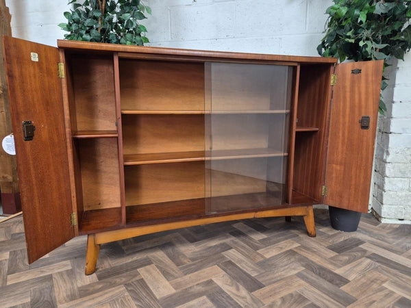 Vintage Mid-Century Nathan Walnut & Glass Slim Bookcase Sideboard Scandi Retro