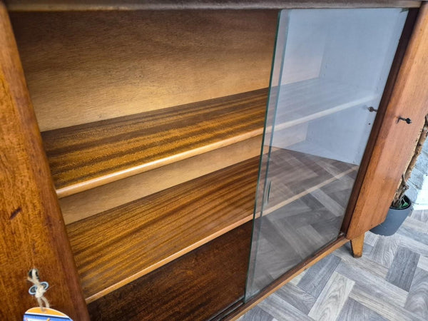 Vintage Mid-Century Nathan Walnut & Glass Slim Bookcase Sideboard Scandi Retro