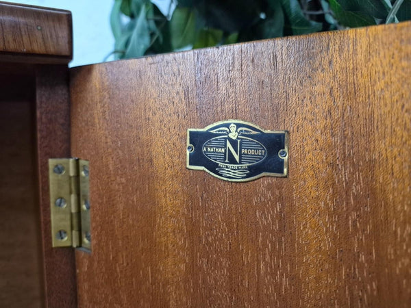 Vintage Mid-Century Nathan Walnut & Glass Slim Bookcase Sideboard Scandi Retro