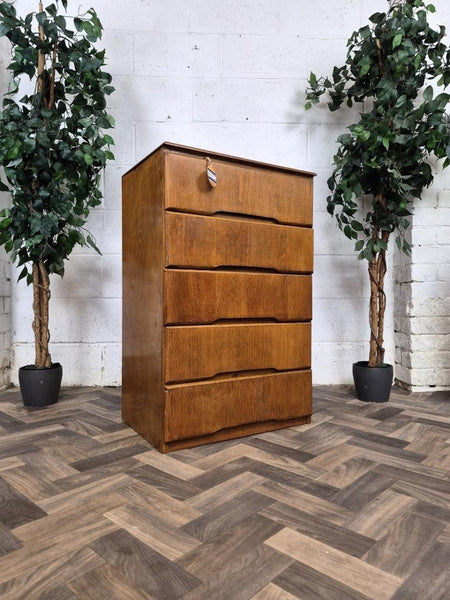Vintage 1950's Liden Oak Plywood Chest Of 5 Drawers Mid-Century Scandi Retro