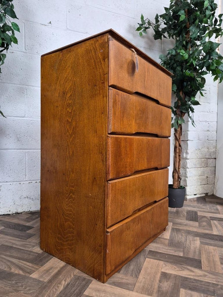 Vintage 1950's Liden Oak Plywood Chest Of 5 Drawers Mid-Century Scandi Retro