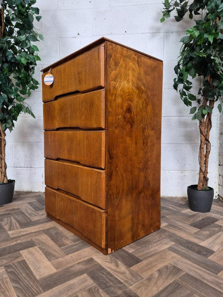 Vintage 1950's Liden Oak Plywood Chest Of 5 Drawers Mid-Century Scandi Retro