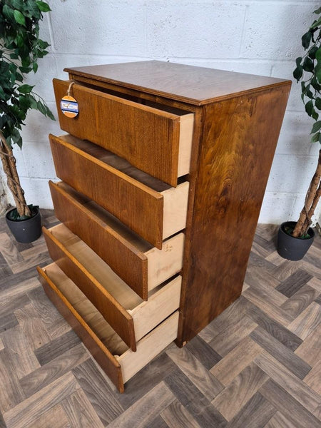 Vintage 1950's Liden Oak Plywood Chest Of 5 Drawers Mid-Century Scandi Retro