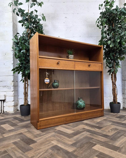 Vintage Nathan Teak & Glass Slim Bookcase Cabinet Mid-Century