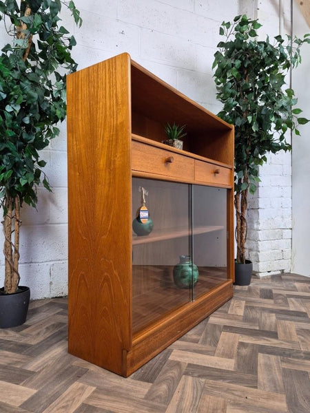 Vintage Nathan Teak & Glass Slim Bookcase Cabinet Mid-Century