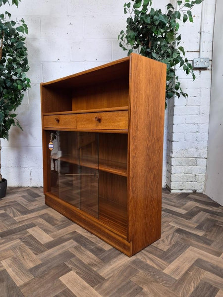 Vintage Nathan Teak & Glass Slim Bookcase Cabinet Mid-Century