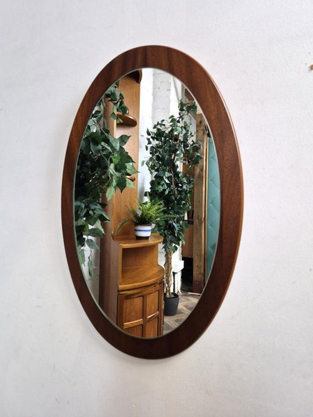 Vintage Mid-Century Oval Teak Frame Mirror Scandi Retro