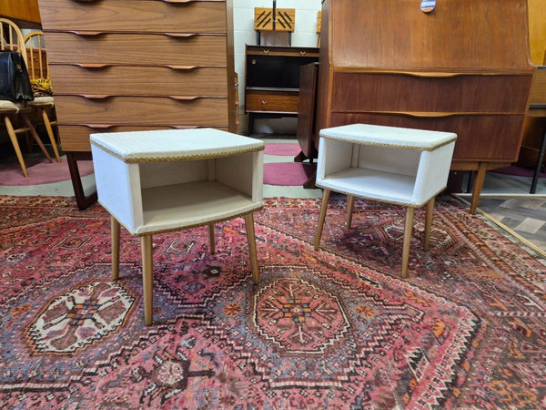 Pair Of Vintage Mid-Century White Vinyl & Gold Bedside Tables Retro MCM 60's