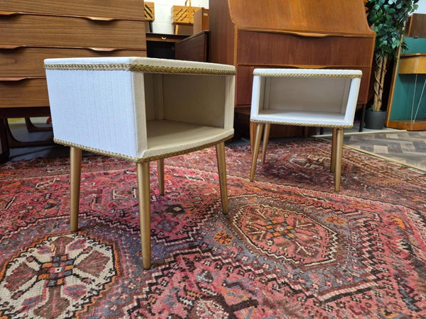 Pair Of Vintage Mid-Century White Vinyl & Gold Bedside Tables Retro MCM 60's