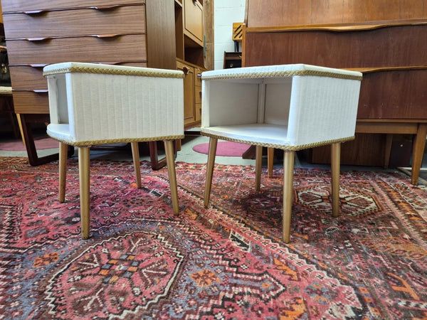 Pair Of Vintage Mid-Century White Vinyl & Gold Bedside Tables Retro MCM 60's