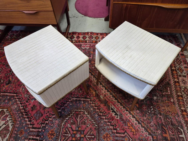 Pair Of Vintage Mid-Century White Vinyl & Gold Bedside Tables Retro MCM 60's