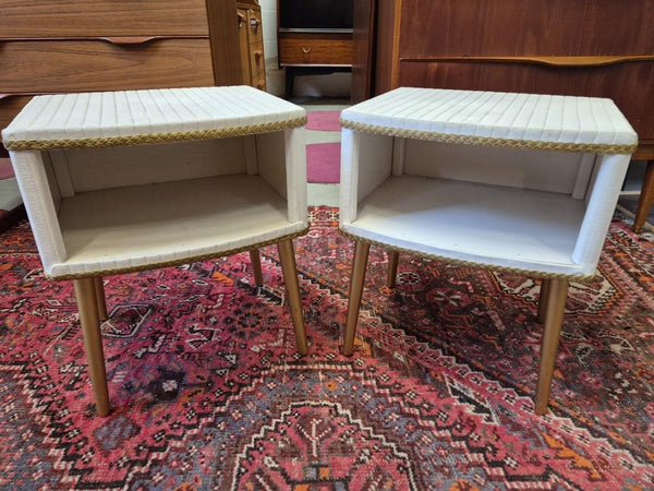 Pair Of Vintage Mid-Century White Vinyl & Gold Bedside Tables Retro MCM 60's