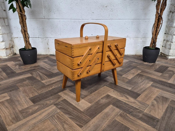 Vintage 60's Oak Cantilever Fold Out Sewing Craft Box Mid Century Retro