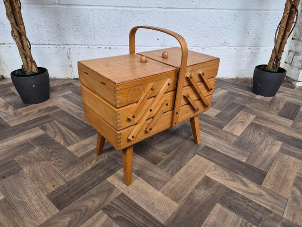 Vintage 60's Oak Cantilever Fold Out Sewing Craft Box Mid Century Retro