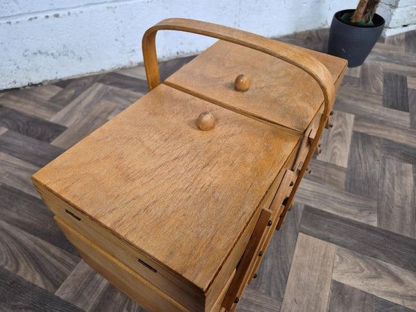 Vintage 60's Oak Cantilever Fold Out Sewing Craft Box Mid Century Retro