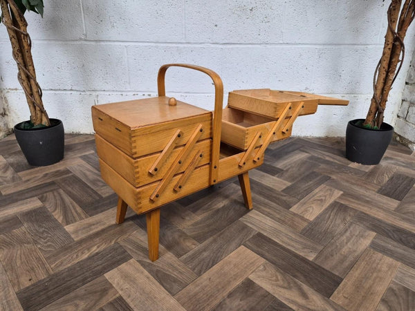 Vintage 60's Oak Cantilever Fold Out Sewing Craft Box Mid Century Retro