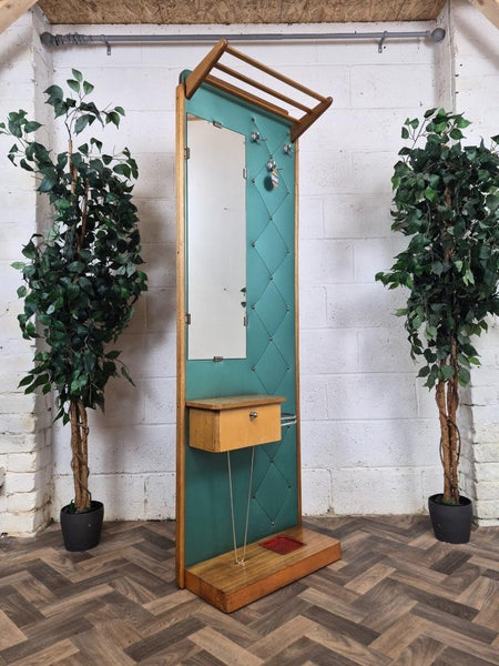 Vintage 60's Teak & Teal Vinyl Hall Stand Mirror Mid-Century Danish Scandi Retro