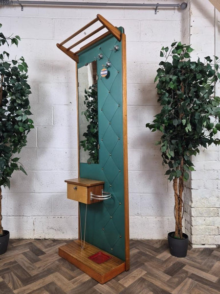 Vintage 60's Teak & Teal Vinyl Hall Stand Mirror Mid-Century Danish Scandi Retro