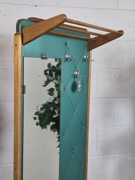 Vintage 60's Teak & Teal Vinyl Hall Stand Mirror Mid-Century Danish Scandi Retro