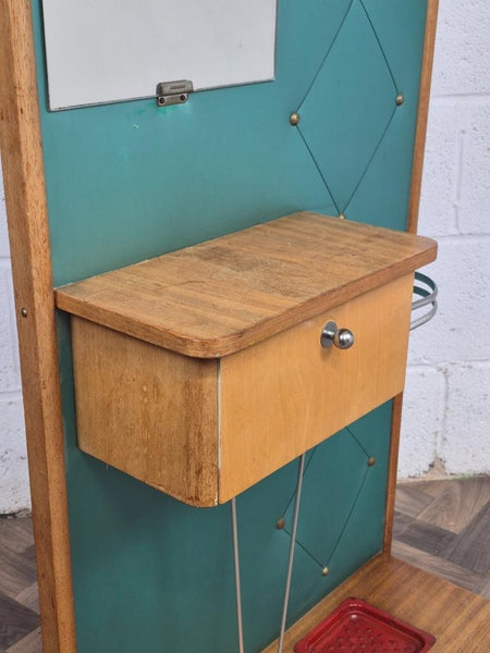 Vintage 60's Teak & Teal Vinyl Hall Stand Mirror Mid-Century Danish Scandi Retro