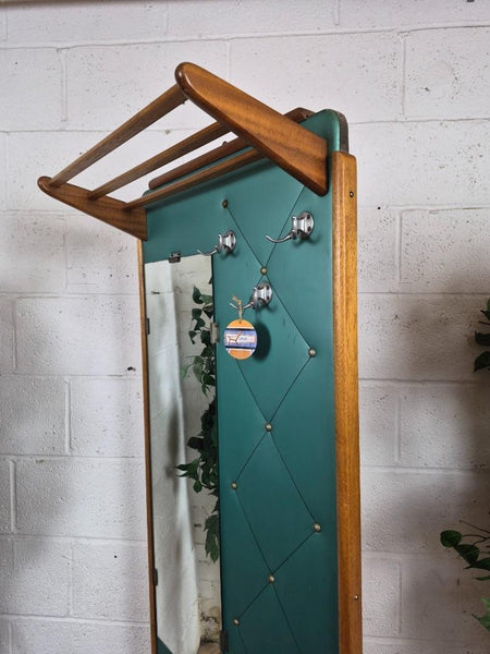 Vintage 60's Teak & Teal Vinyl Hall Stand Mirror Mid-Century Danish Scandi Retro