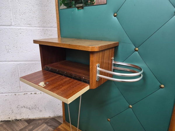 Vintage 60's Teak & Teal Vinyl Hall Stand Mirror Mid-Century Danish Scandi Retro